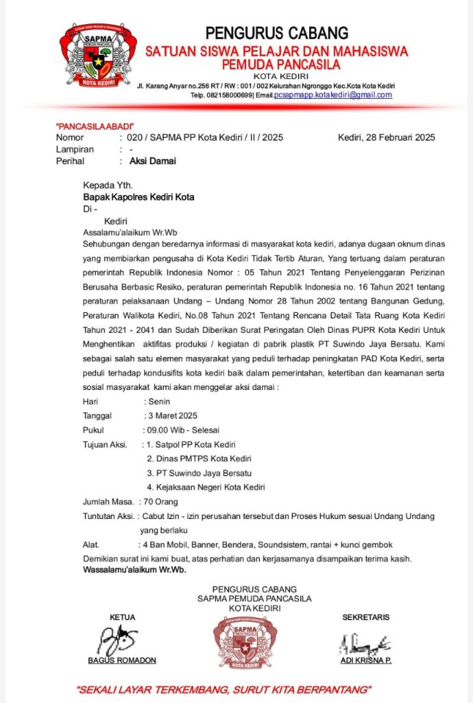 SAPMA PP Kota Kediri Keluarkan Surat Aksi Demo Terkait Dugaan Perusahan Melawan Hukum SAPMA PP Kota Kediri Keluarkan Surat Aksi Demo Terkait Dugaan Perusahan Melawan Hukum