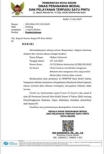 Ironi Penegakan Aturan di kota Kediri: Aduan Hotel Insumo Cepat Direspons, Pelanggarannya sendiri Baru Terbongkar