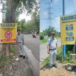 Jasa Raharja Nganjuk memasang spanduk keselamatan di titik rawan kecelakaan