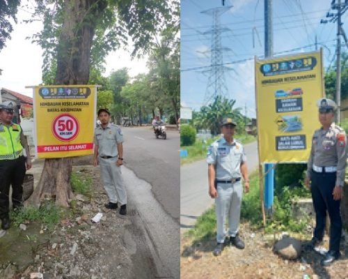 Jasa Raharja dan Satlantas Polres Nganjuk Pasang Spanduk di Titik Rawan Kecelakaan
