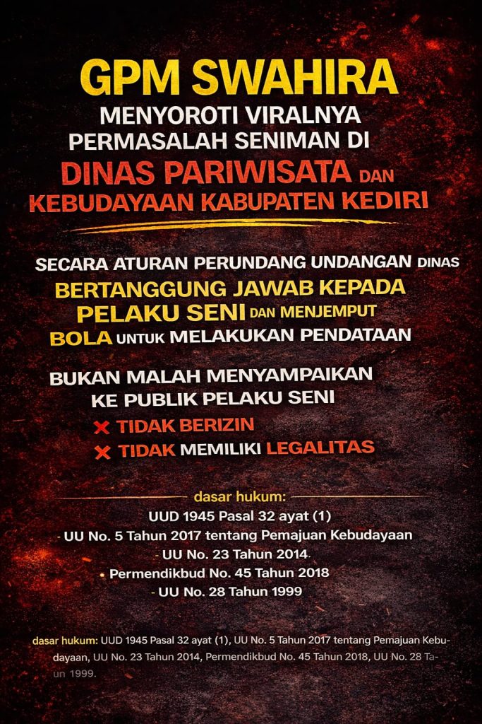 GPM Swahira Soroti Pernyataan Dinas Pariwisata Kediri soal Legalitas Pelaku Seni