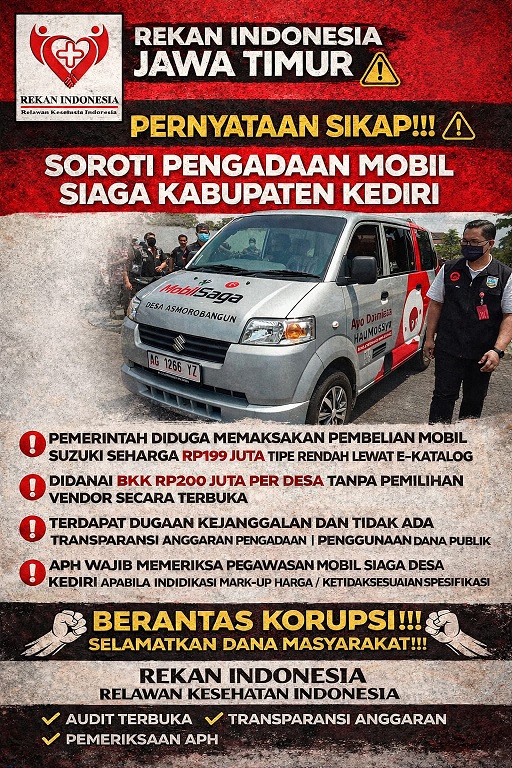 Relawan Indonesia Jawa Timur Soroti Pengadaan Mobil Siaga Kabupaten Kediri dari Dana BKK Rp200 Juta per Desa Relawan Indonesia Jawa Timur Soroti Pengadaan Mobil Siaga Kabupaten Kediri dari Dana BKK Rp200 Juta per Desa