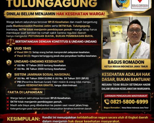 Siaran Pers Rekan Indonesia Jawa Timur, Pemerintah Kabupaten Tulungagung Dinilai Belum Optimal Menjamin Hak Kesehatan Masyarakat