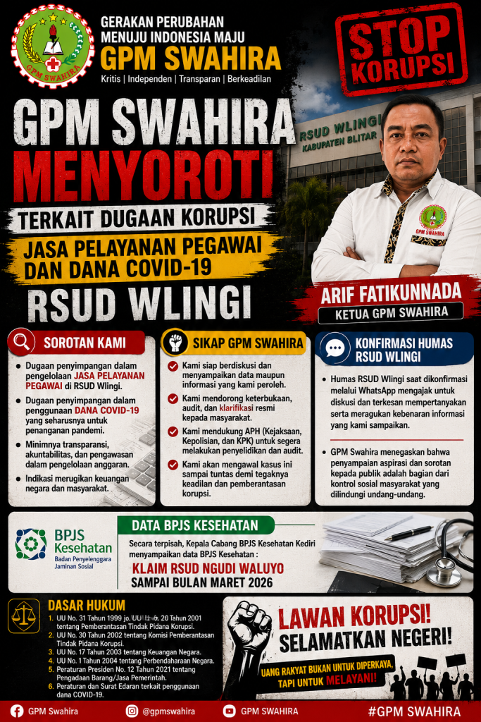 GPM SWAHIRA SOROTI DUGAAN KORUPSI JASA PELAYANAN PEGAWAI DAN DANA COVID-19 RSUD WLINGI