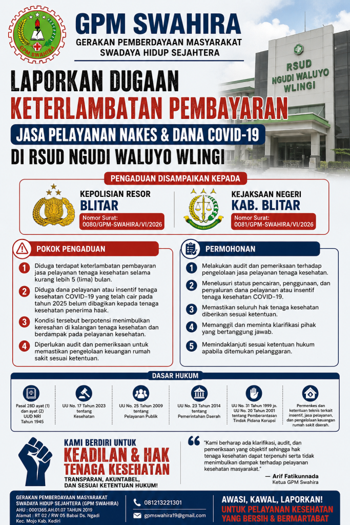 GPM SWAHIRA LAPORKAN DUGAAN KETERLAMBATAN PEMBAYARAN JASA PELAYANAN NAKES DAN DANA COVID-19 RSUD NGUDI WALUYO WLINGI KE APARAT PENEGAK HUKUM GPM SWAHIRA LAPORKAN DUGAAN KETERLAMBATAN PEMBAYARAN JASA PELAYANAN NAKES DAN DANA COVID-19 RSUD NGUDI WALUYO WLINGI KE APARAT PENEGAK HUKUM