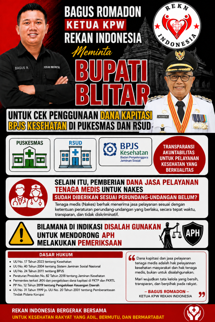 KETUA KPW REKAN INDONESIA JAWA TIMUR , MEMINTA BUPATI BLITAR MELAKUKAN EVALUASI PENGGUNAAN DANA KAPITASI BPJS KESEHATAN DI PUSKESMAS DAN RSUD