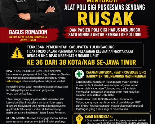 KPW REKAN INDONESIA JAWA TIMUR MENYOROTI KERUSAKAN ALAT POLI GIGI PUSKESMAS SENDANG DAN RENDAHNYA CAPAIAN UHC KABUPATEN TULUNGAGUNG