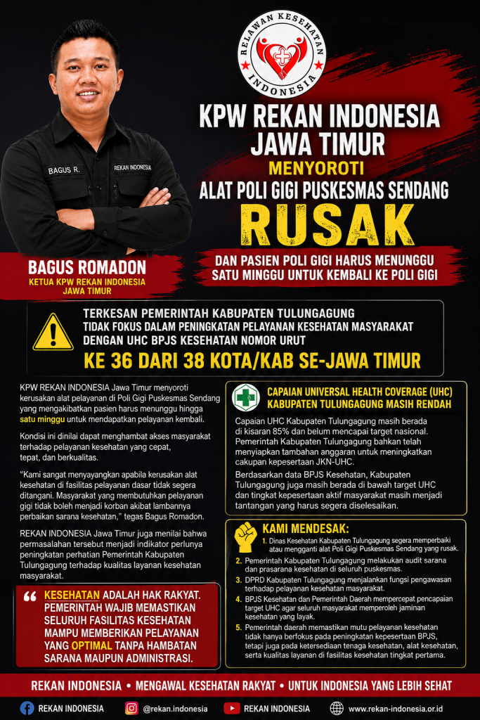KPW REKAN INDONESIA JAWA TIMUR MENYOROTI KERUSAKAN ALAT POLI GIGI PUSKESMAS SENDANG DAN RENDAHNYA CAPAIAN UHC KABUPATEN TULUNGAGUNG