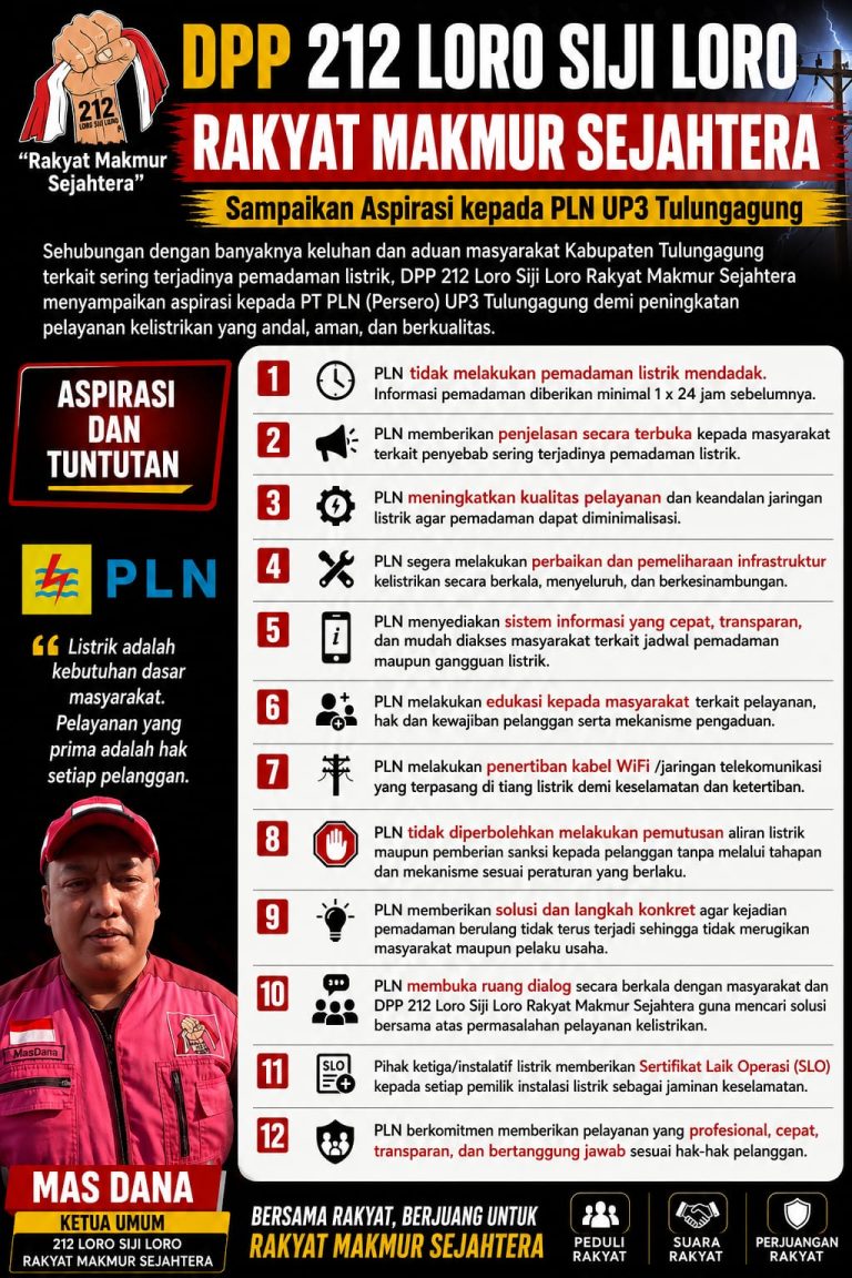 Bawa Aspirasi Masyarakat, Ketua Umum 212 Loro Siji Loro Rakyat Makmur Sejahtera Minta PLN Tulungagung Tingkatkan Layanan