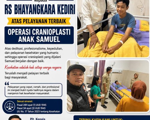 KETUA KPW REKAN INDONESIA JAWA TIMUR SAMPAIKAN TERIMA KASIH KEPADA RS BHAYANGKARA KEDIRI ATAS PELAYANAN TERBAIK OPERASI CRANIOPLASTI ANAK SAMUEL