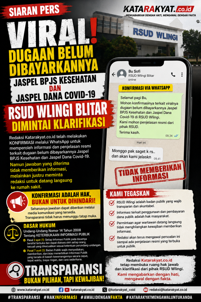 Redaksi Katarakyat.co.id Pertanyakan Mekanisme Konfirmasi RSUD Wlingi Terkait Dugaan Belum Dibayarkannya Jaspel BPJS Kesehatan dan Jaspel Dana Covid-19 Redaksi Katarakyat.co.id Pertanyakan Mekanisme Konfirmasi RSUD Wlingi Terkait Dugaan Belum Dibayarkannya Jaspel BPJS Kesehatan dan Jaspel Dana Covid-19