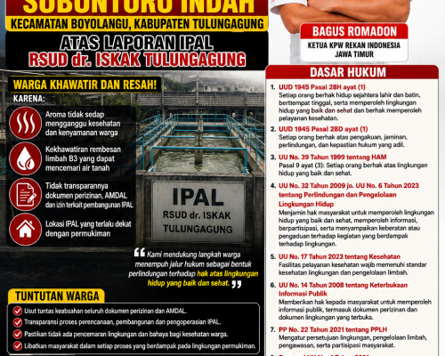 Mendukung Hak Konstitusional Warga Perumahan Sobontoro Indah dalam Menempuh Jalur Hukum Terkait Pembangunan Instalasi Pengolahan Air Limbah (IPAL) RSUD dr. Iskak Tulungagung