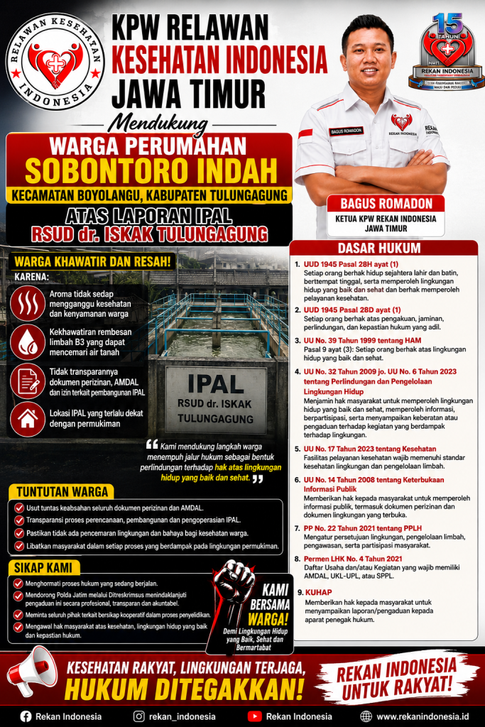 Mendukung Hak Konstitusional Warga Perumahan Sobontoro Indah dalam Menempuh Jalur Hukum Terkait Pembangunan Instalasi Pengolahan Air Limbah (IPAL) RSUD dr. Iskak Tulungagung