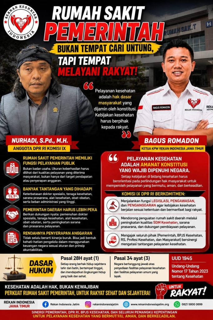 Rekan Indonesia Jawa Timur: Rumah Sakit Pemerintah Harus Berorientasi pada Pelayanan Publik, Bukan Sekadar Target Pendapatan
