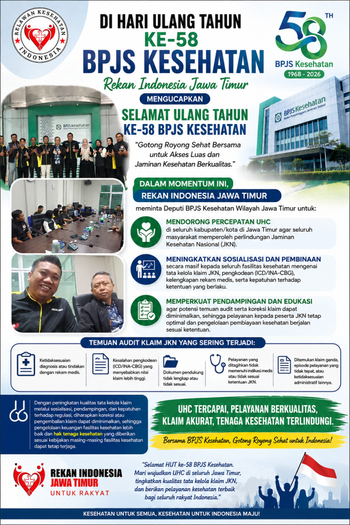 Momentum HUT ke-58 BPJS Kesehatan, Rekan Indonesia Jawa Timur Dorong Percepatan UHC dan Penguatan Sosialisasi Klaim JKN Momentum HUT ke-58 BPJS Kesehatan, Rekan Indonesia Jawa Timur Dorong Percepatan UHC dan Penguatan Sosialisasi Klaim JKN