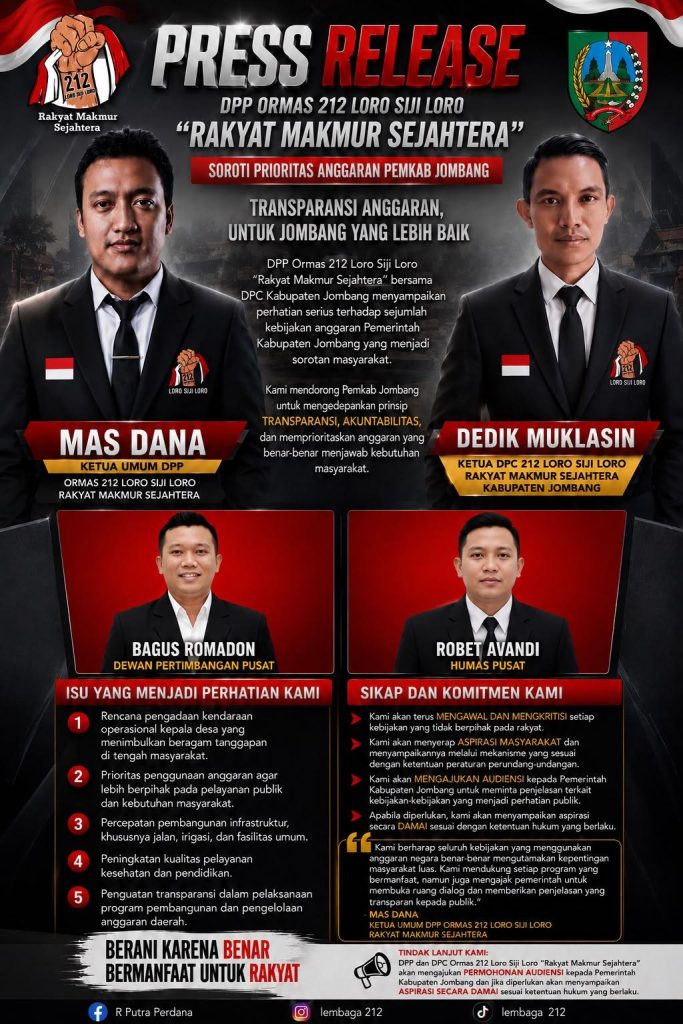 DPP ORMAS 212 LORO SIJI LORO “RAKYAT MAKMUR SEJAHTERA” SOROTI PRIORITAS ANGGARAN PEMKAB JOMBANG, DORONG TRANSPARANSI DAN KEBERPIHAKAN PADA KEPENTINGAN RAKYAT
