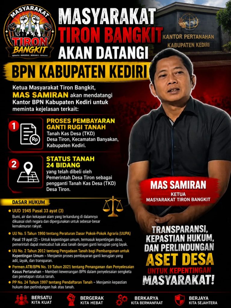 Masyarakat Tiron Bangkit Akan Datangi BPN Kabupaten Kediri, Pertanyakan Ganti Rugi TKD dan Status 24 Bidang Tanah Pengganti