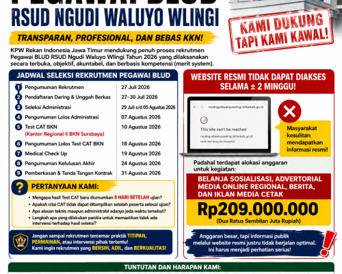 KPW REKAN INDONESIA JAWA TIMUR DUKUNG REKRUTMEN PEGAWAI BLUD RSUD NGUDI WALUYO WLINGI, DESAK TRANSPARANSI HASIL CAT BKN DAN SOROTI WEBSITE RESMI YANG TIDAK DAPAT DIAKSES