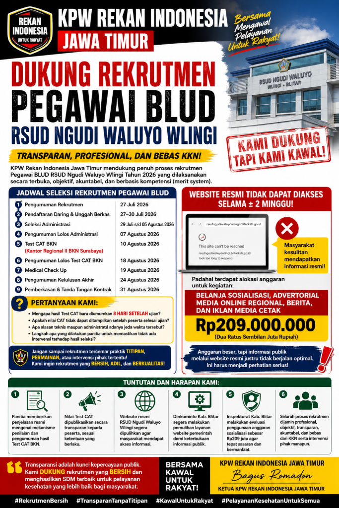 KPW REKAN INDONESIA JAWA TIMUR DUKUNG REKRUTMEN PEGAWAI BLUD RSUD NGUDI WALUYO WLINGI, DESAK TRANSPARANSI HASIL CAT BKN DAN SOROTI WEBSITE RESMI YANG TIDAK DAPAT DIAKSES KPW REKAN INDONESIA JAWA TIMUR DUKUNG REKRUTMEN PEGAWAI BLUD RSUD NGUDI WALUYO WLINGI, DESAK TRANSPARANSI HASIL CAT BKN DAN SOROTI WEBSITE RESMI YANG TIDAK DAPAT DIAKSES