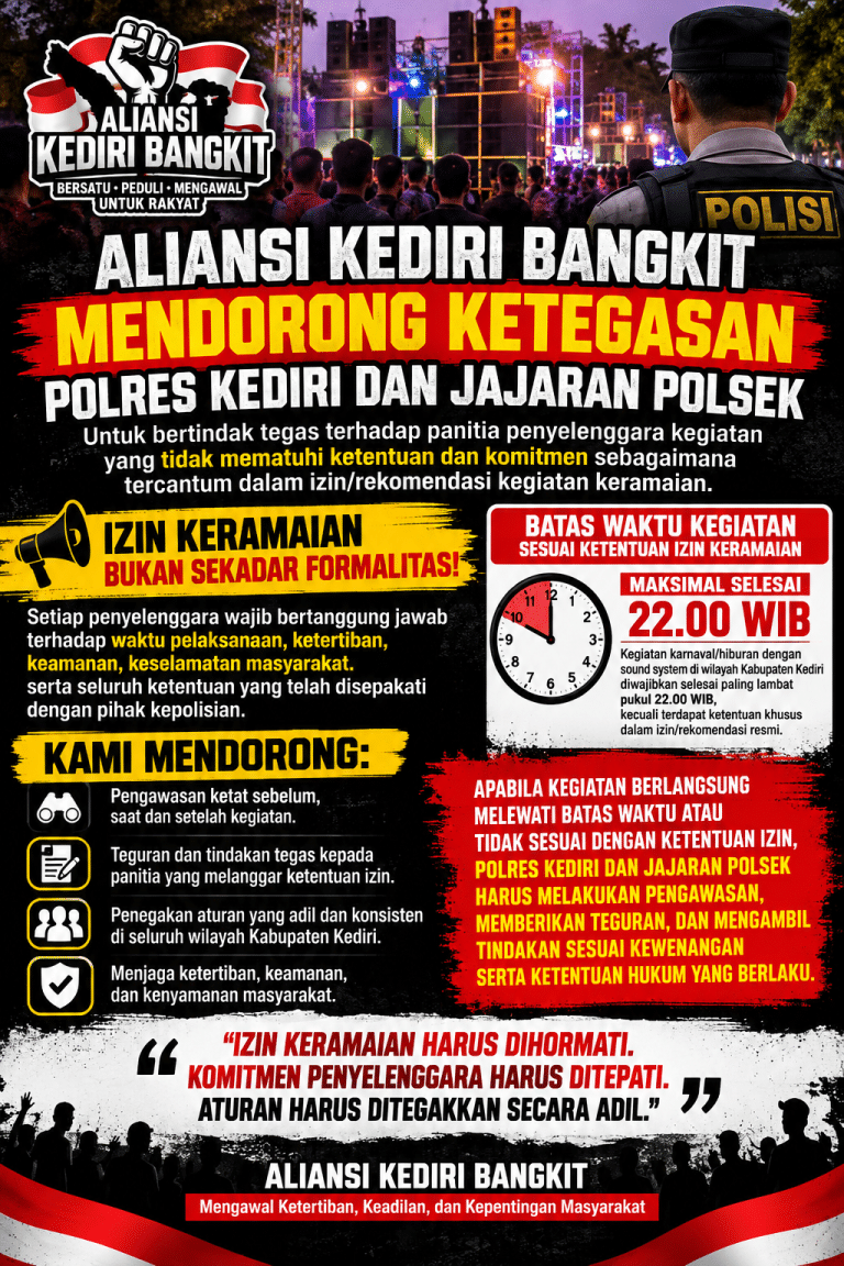 Aliansi Kediri Bangkit Dorong Polres Kediri dan Jajaran Polsek Tegas terhadap Penyelenggara Kegiatan yang Tidak Mematuhi Izin Keramaian