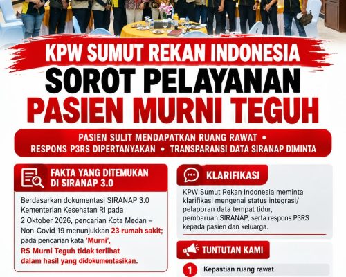 Pasien Kesulitan Mendapatkan Ruang Rawat, KPW Rekan Indonesia Sumut Pertanyakan Respons P3RS dan Data SIRANAP Murni Teguh