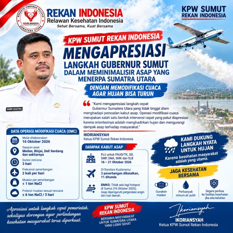 KPW SUMUT REKAN INDONESIA APRESIASI LANGKAH GUBERNUR SUMUT LAKUKAN MODIFIKASI CUACA UNTUK KURANGI DAMPAK KABUT ASAP