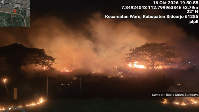 Kebakaran Lahan di Tambak Sumur Sidoarjo, Api Dilaporkan Mengarah ke Permukiman